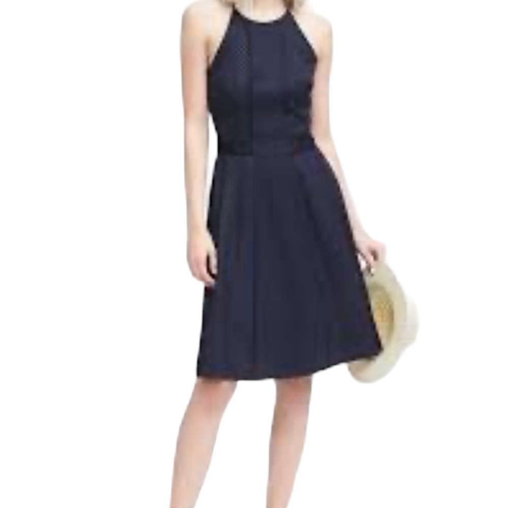 Banana Republic Blue/Black Polka Dot Paneled Fit and Flare Sleeveless Dress